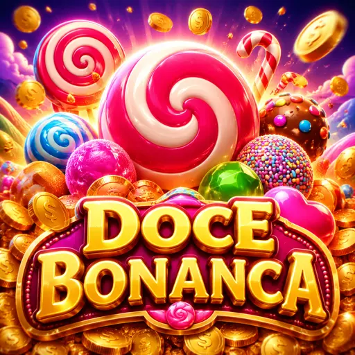 Cartão do slot Sweet Bonanza com doces coloridos e fundo escuro